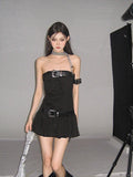 Zllkl Camile Solid Color Denim Black Sleeveless Bandeau Pleated Mini Dress
