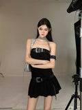 Zllkl Camile Solid Color Denim Black Sleeveless Bandeau Pleated Mini Dress
