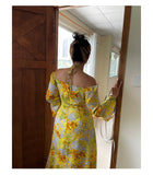 Zllkl Naoum Plus Size Sun Bright Yellow Floral Front Cross V-Neck Short Sleeve Side Slit Long Dress