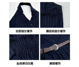 Zllkl Olivia Plus Size Striped Navy Blue Slim Sleeveless V-neck Halter Neck Waist Belt Pleated A-line Mini Dress