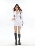 Zllkl Nania Solid Color White V-Neck Shoulder Cut-Out Slim Waist Pleated Mini Dress