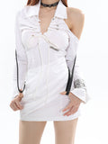 Zllkl Nania Solid Color White V-Neck Shoulder Cut-Out Slim Waist Pleated Mini Dress