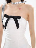 Zllkl Flora Solid Color Black Bow Tie Bandeau Sleeveless Pleated Mini Dress