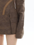 Zllkl Helena Solid Color Brown Halter Neck Off-the-Shoulder Long Sleeve Suede Slim Mini Dress