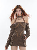 Zllkl Helena Solid Color Brown Halter Neck Off-the-Shoulder Long Sleeve Suede Slim Mini Dress