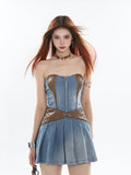 Zllkl Latavia Denim Blue Paneled Leather Bandeau Sleeveless Pleated Mini Dress
