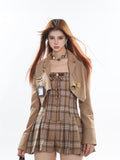 Zllkl Silis Brown Campus Style Vintage Plaid Pleated Mini Dress + Solid Color Khaki Cropped Blazer Jacket + Bow Brooch + Campus Badge Plaque Matching Set