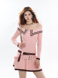 Zllkl Lilian Solid Color Stripped Collar Waist Belt Knitted Off-the-Shoulder Long Sleeve Mini Dress