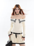 Zllkl Lilian Solid Color Stripped Collar Waist Belt Knitted Off-the-Shoulder Long Sleeve Mini Dress