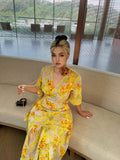 Zllkl Naoum Plus Size Sun Bright Yellow Floral Front Cross V-Neck Short Sleeve Side Slit Long Dress