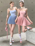 Zllkl Yumi Solid Color Balletcore Spaghetti Strap Square Neck Slim Pleated Mini Dress