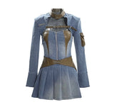Zllkl Latavia Denim Blue Paneled Leather Bandeau Sleeveless Pleated Mini Dress