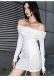 Zllkl Marinda Solid Color White Long Sleeve Off-the-Shoulder Slim Mini Dress + Lace Up Under Bust Corset